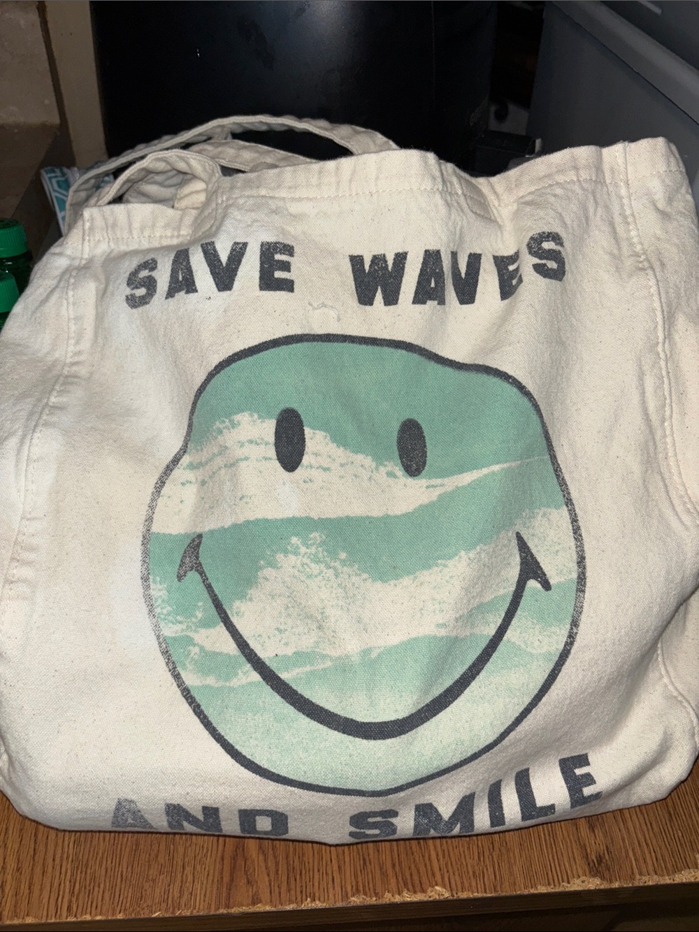 American Eagle Outfitters Cream Canvas Tote with Mint Green Smiley Print